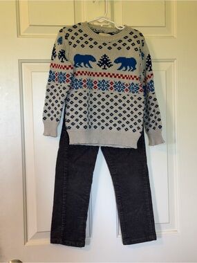 Kids Fair Isle Crewneck Matching Set - Light Gray & Blue